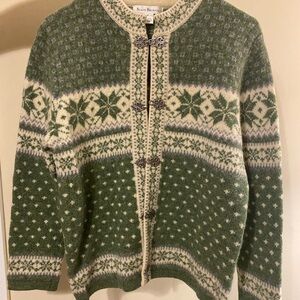 Susan Bristol Green and Cream Wool Cardigan